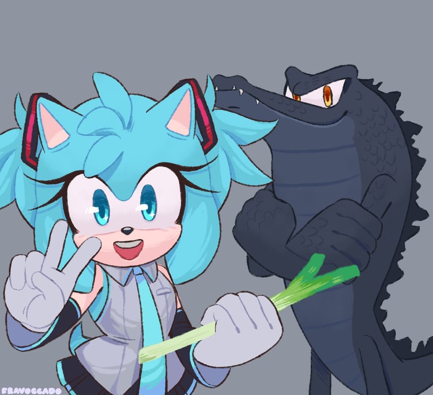 hatsune miku, amy rose, godzilla, and vector the crocodile (vocaloid and 2 more) drawn by fravoccado
