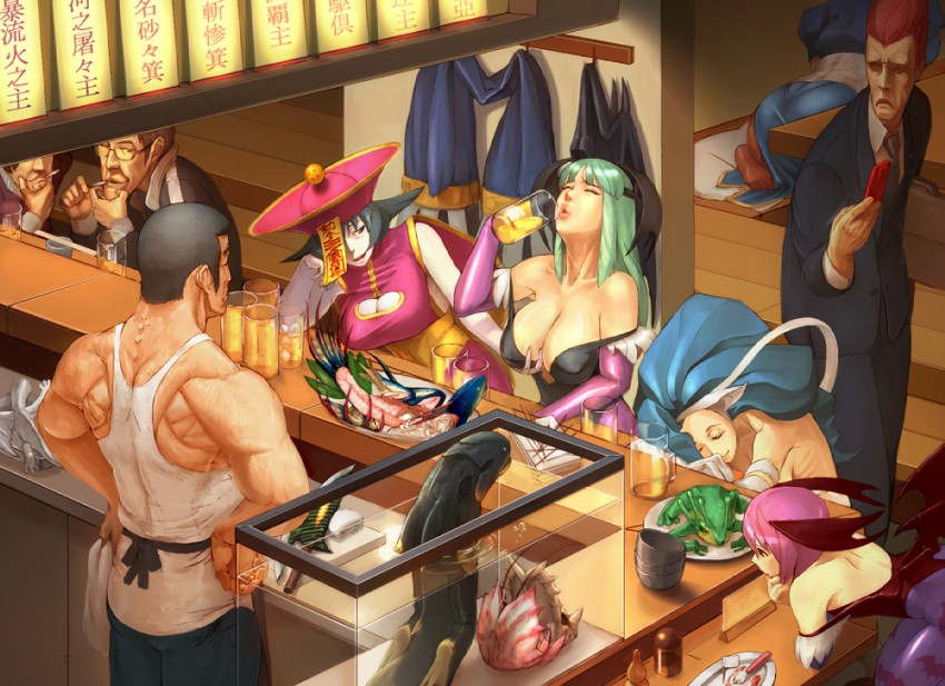 chun-li, morrigan aensland, lilith, felicia, hsien-ko, and 5 more (street fighter and 3 more) drawn by kurohachi