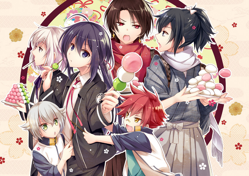 kashuu kiyomitsu, yamato-no-kami yasusada, namazuo toushirou, honebami toushirou, hotarumaru, and 1 more (touken ranbu) drawn by hirai_yuzuki