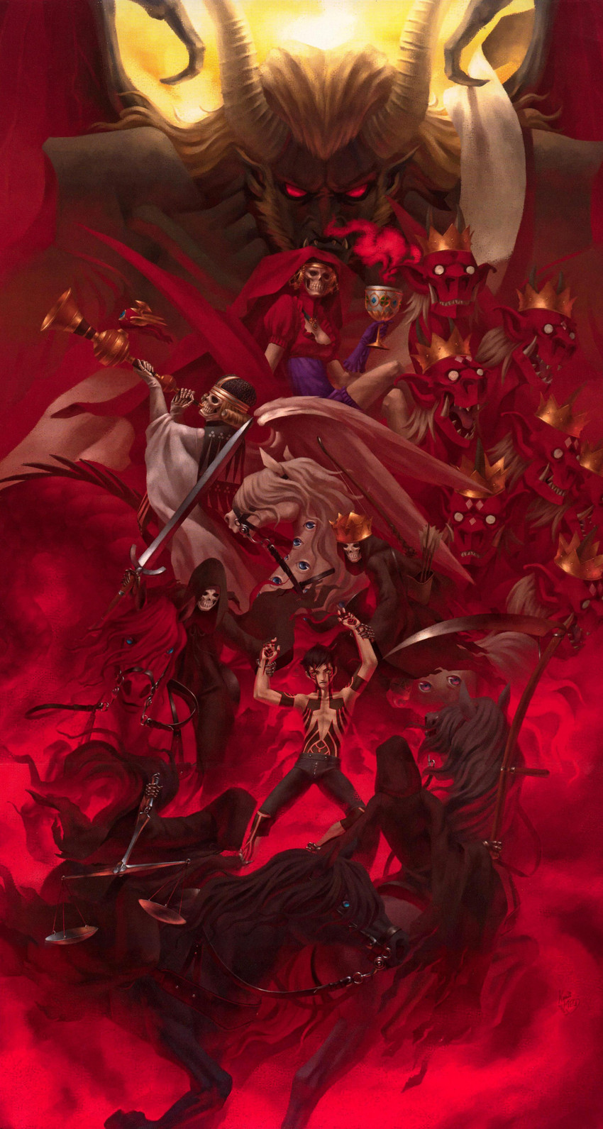 demi-fiend, lucifer, mother harlot, white rider, pale rider, and 3 more (shin megami tensei and 1 more) drawn by kazuma_kaneko and shiraishi_megumi_(colorist)