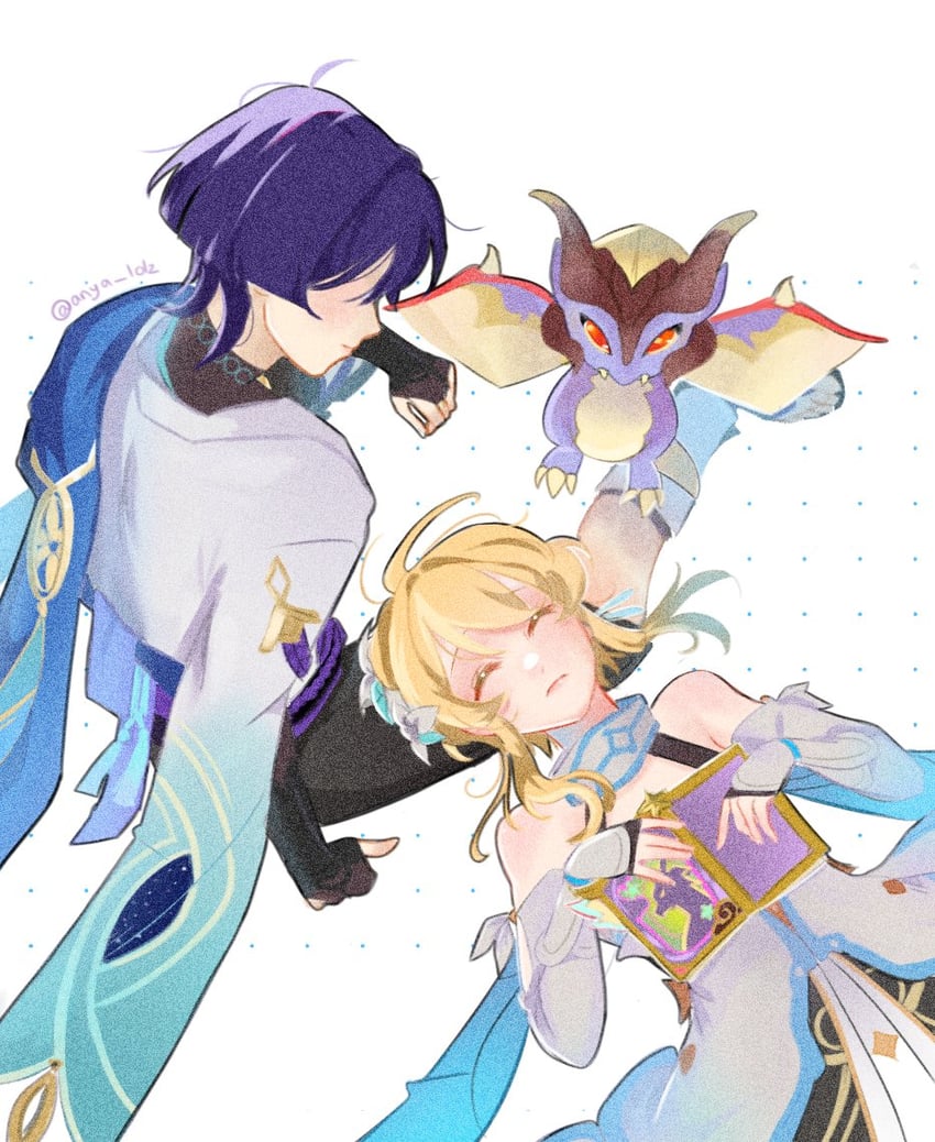 lumine, scaramouche, wanderer, and mini durin (genshin impact) drawn by anya_lolz