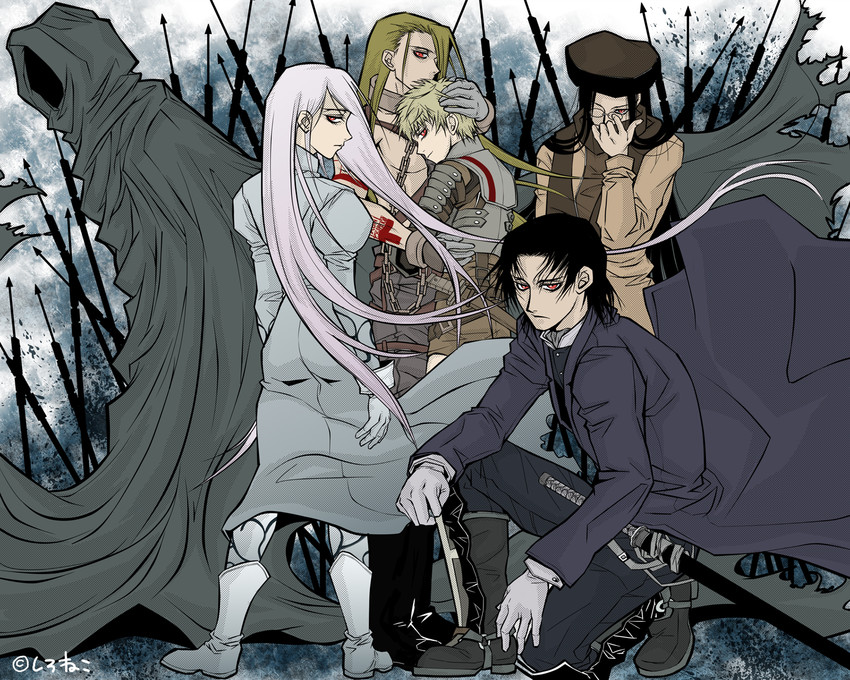 hijikata toshizou, jeanne d'arc, anastasia romanova, the black king, rasputin, and 1 more (drifters) drawn by sironeko_miiko