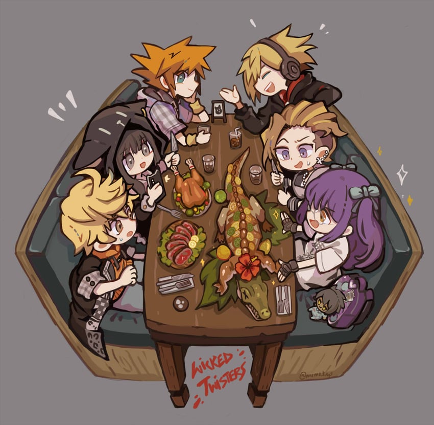 sakuraba neku, bito daisukenojo, sakurane shoka, kanade rindo, usui nagi, and 1 more (subarashiki kono sekai and 1 more) drawn by momoppi