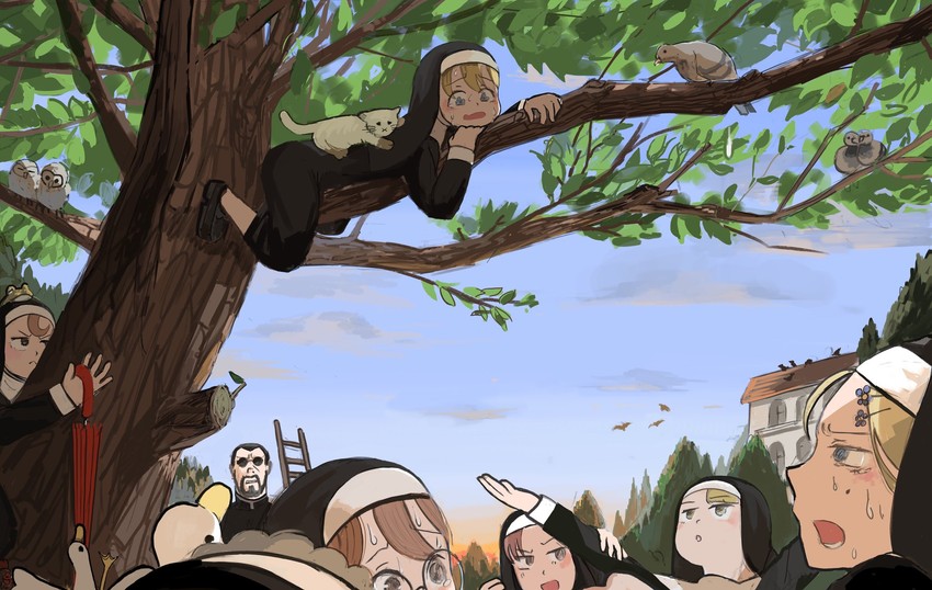 clumsy nun, froggy nun, spicy nun, strict nun, sheep nun, and 3 more (little nuns) drawn by diva_(hyxpk)