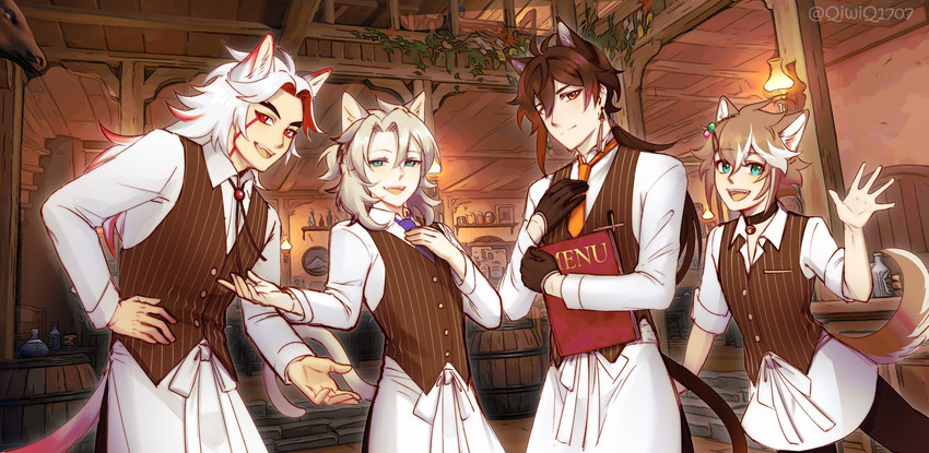 zhongli, albedo, arataki itto, and gorou (genshin impact) drawn by qiwiq