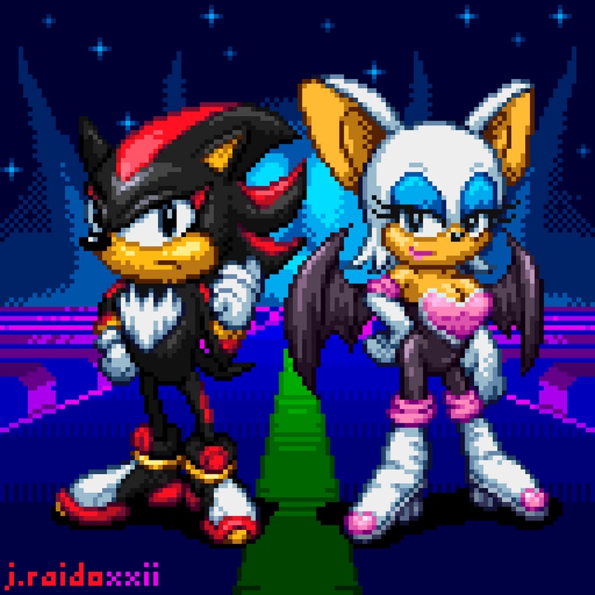 shadow the hedgehog and rouge the bat (sonic) drawn by j.raido