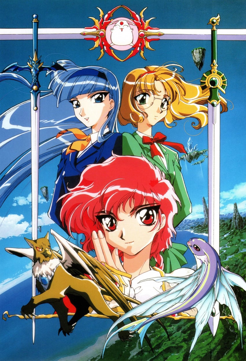 shidou hikaru, ryuuzaki umi, hououji fuu, and mokona (magic knight rayearth) drawn by ishida_atsuko