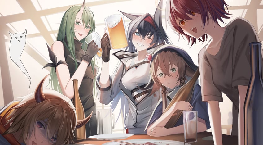 exusiai, hoshiguma, blaze, pallas, and bison (arknights) drawn by r_oot