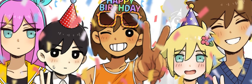 basil, aubrey, kel, mari, and hero (omori) drawn by kato_(momota_rosan)