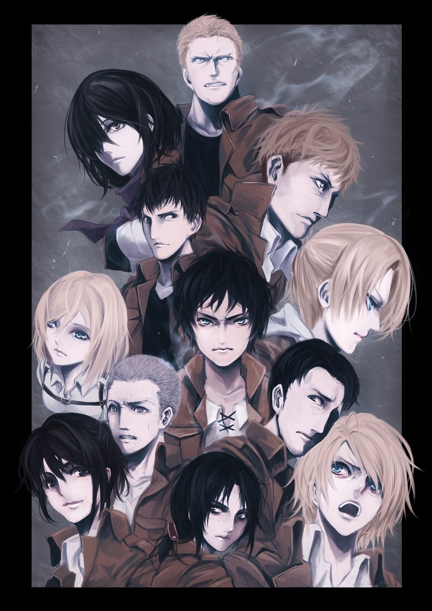 mikasa ackerman, eren yeager, krista lenz, reiner braun, ymir, and 7 more (shingeki no kyojin) drawn by koh_(minagi_kou)