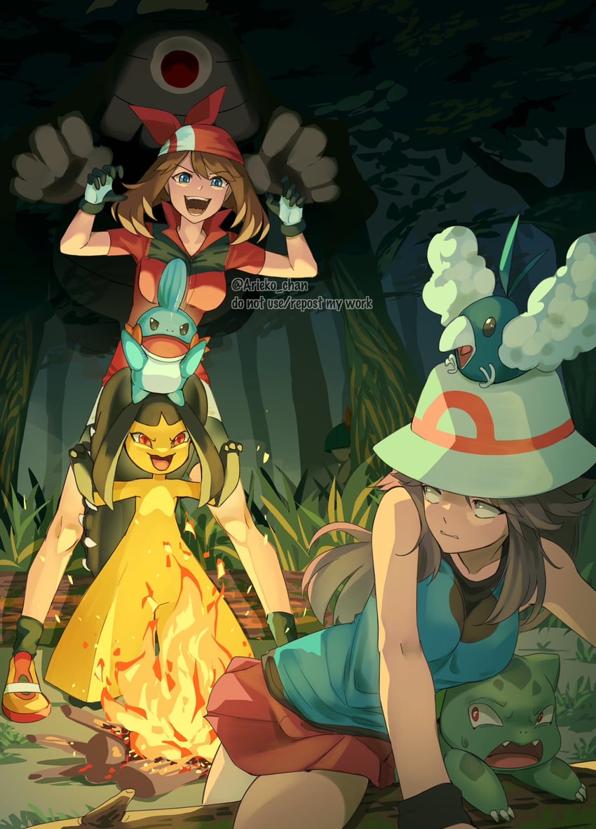 may, leaf, bulbasaur, mudkip, mawile, and 2 more (pokemon and 2 more) drawn by ariekochan