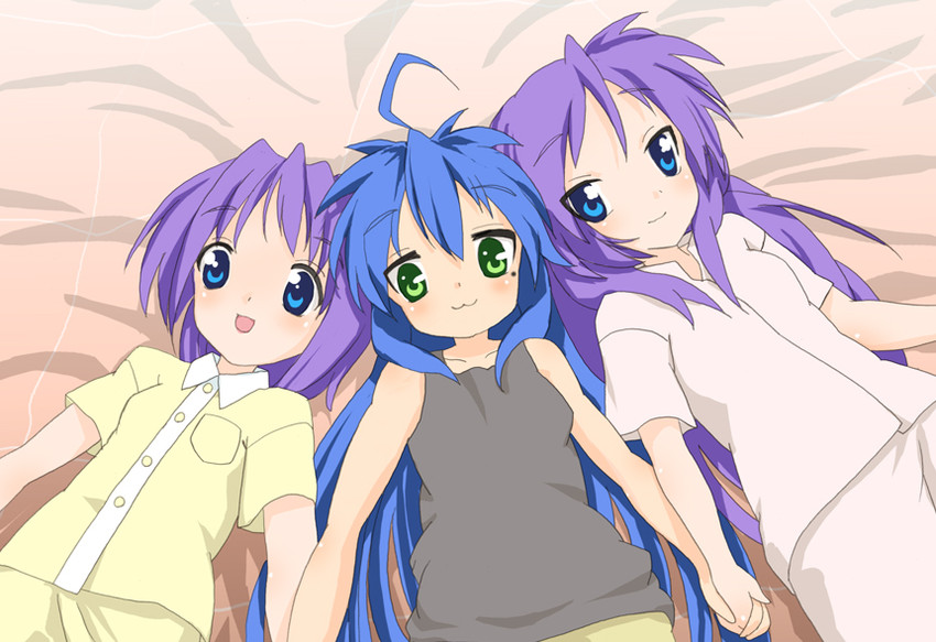 hiiragi kagami, izumi konata, and hiiragi tsukasa (lucky star) drawn by sora_to_umi