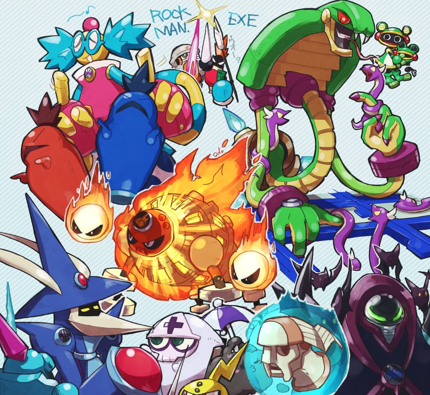toadman.exe, colorman.exe, magicman.exe, darkman.exe, flameman.exe, and 1 more (mega man and 4 more) drawn by odo_7ta