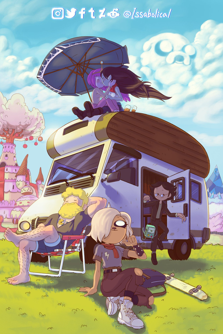 marceline abadeer, princess bonnibel bubblegum, finn the human, jake the dog, bmo, and 2 more (adventure time and 1 more) drawn by issabolical