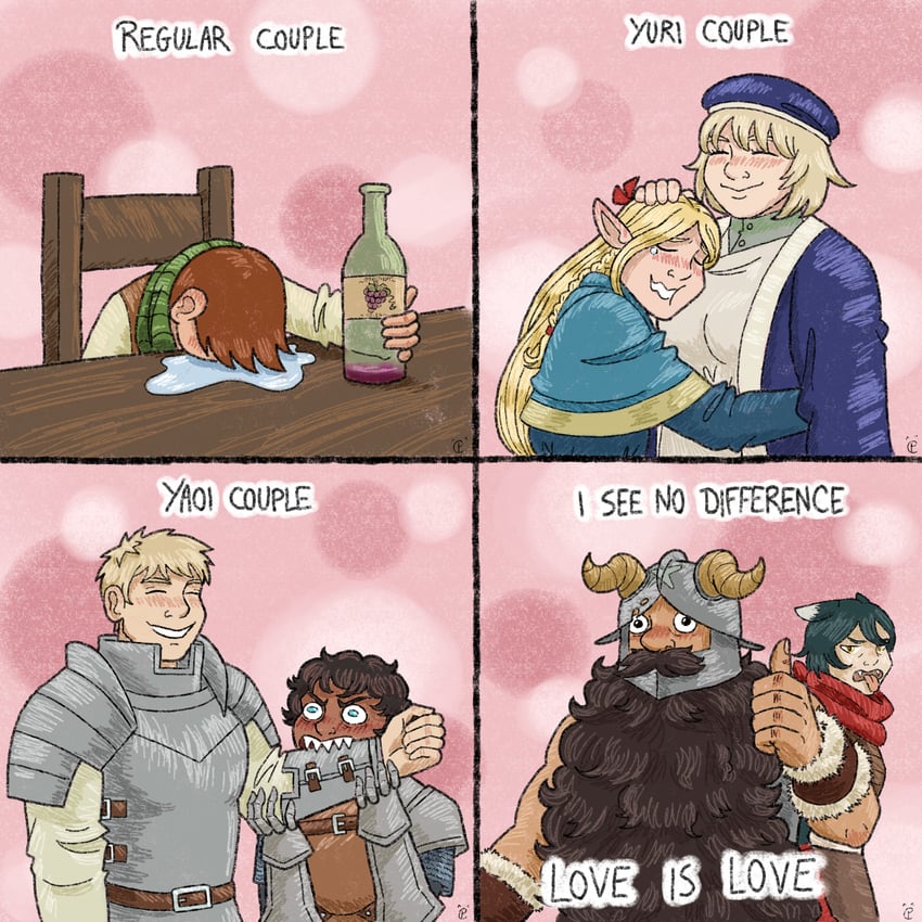 marcille donato, falin touden, laios touden, senshi, kabru, and 2 more (dungeon meshi) drawn by creepikat