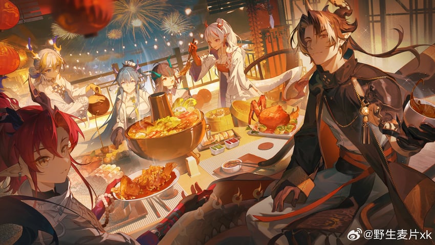 shu, dusk, nian, ling, chongyue, and 1 more (arknights) drawn by maipianvale