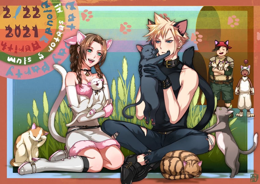 cloud strife, aerith gainsborough, moogle, wedge, and moggie (final fantasy and 2 more) drawn by halu-ca