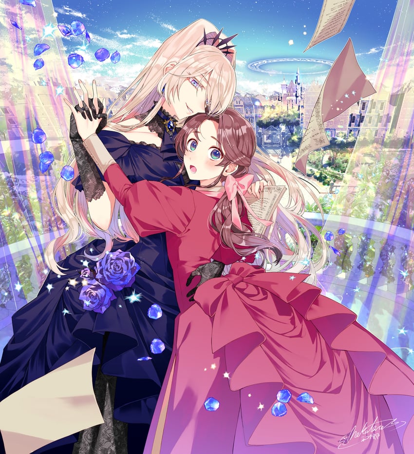 natori midori and lapis tenebrae (genkai ol-san wa akuyaku reijou-sama ni tsukaetai) drawn by shinonome_neko-tarou