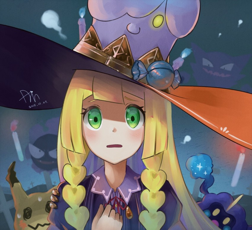 lillie, mimikyu, litwick, cosmog, gastly, and 1 more (pokemon and 1 more) drawn by hukahito