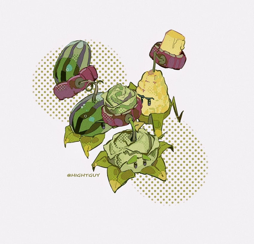 melon-pult, cabbage-pult, and kernel-pult (plants vs. zombies) drawn by hightguy