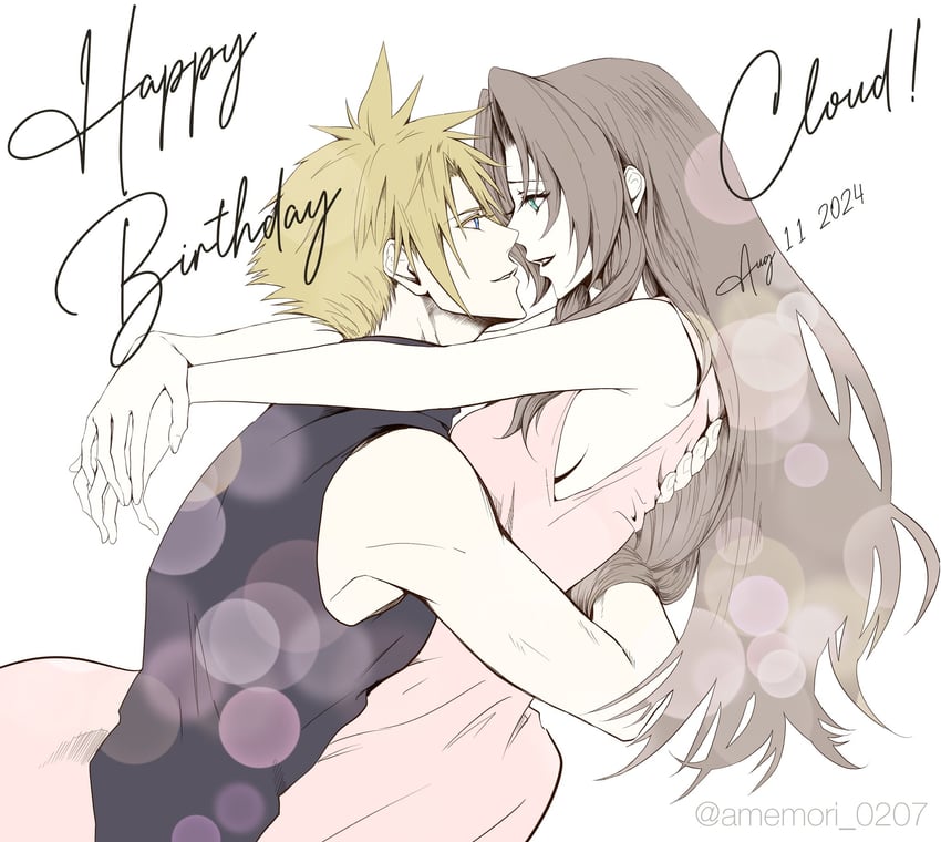 cloud strife and aerith gainsborough (final fantasy and 3 more) drawn by amemori_0207