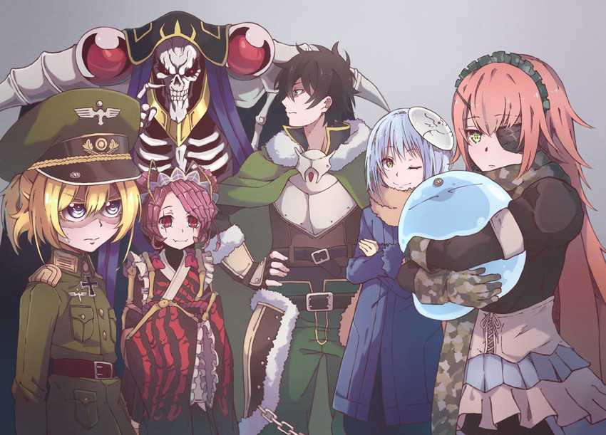 rimuru tempest, tanya degurechaff, iwatani naofumi, ainz ooal gown, entoma vasilissa zeta, and 1 more (overlord and 3 more) drawn by kukie-nyan