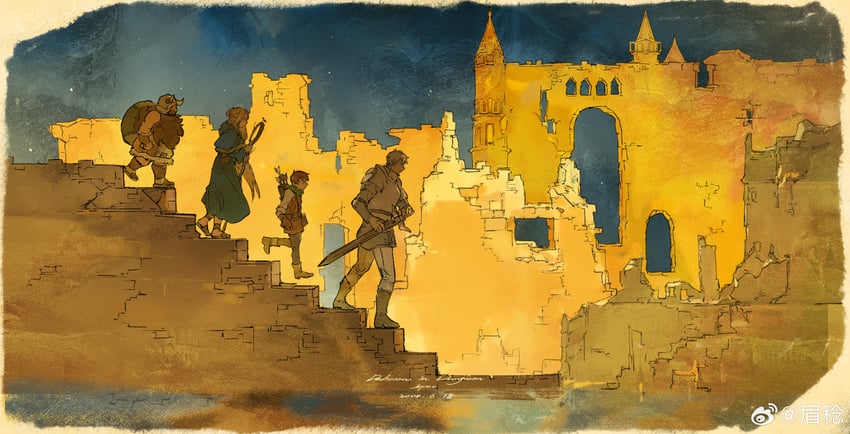 marcille donato, laios touden, senshi, and chilchuck tims (dungeon meshi) drawn by mei_ren