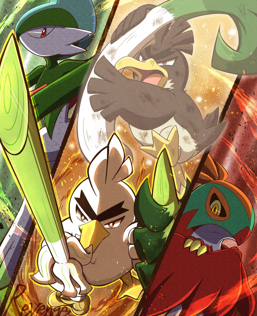 gallade, sirfetch'd, galarian farfetch'd, and hawlucha (pokemon) drawn by shuri_(syurigame)
