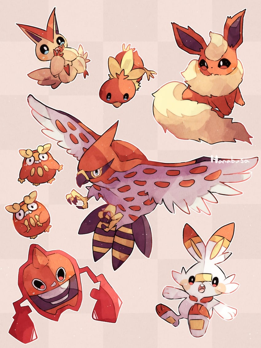 rotom, scorbunny, flareon, torchic, victini, and 2 more (pokemon) drawn by hanabusaoekaki