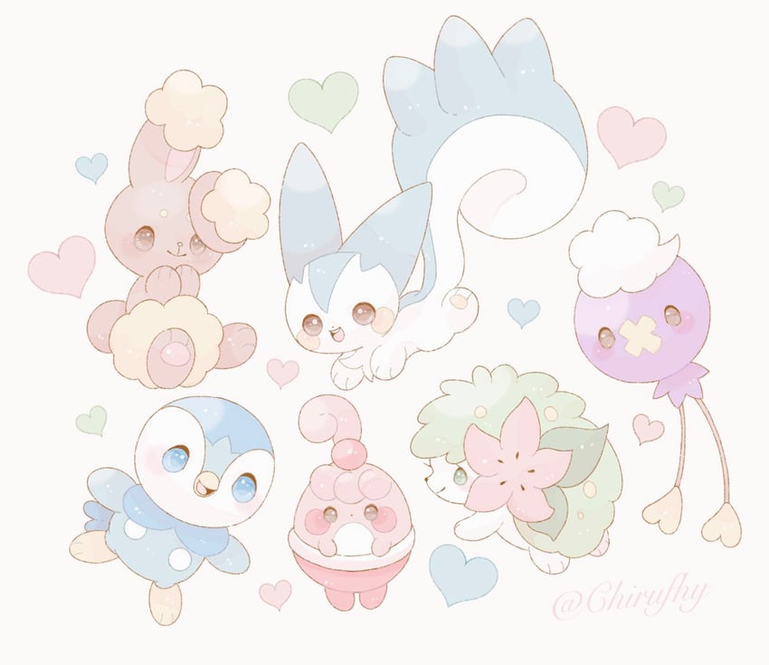 piplup, pachirisu, drifloon, shaymin, buneary, and 1 more (pokemon) drawn by one_(chirufhy)