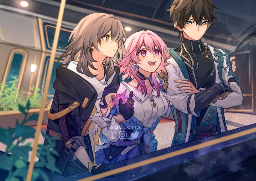 trailblazer, stelle, march 7th, and dan heng (honkai and 1 more) drawn by soulc1ty