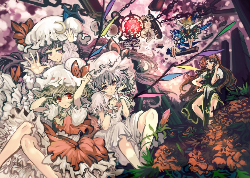 remilia scarlet, flandre scarlet, izayoi sakuya, cirno, patchouli knowledge, and 2 more (touhou and 1 more) drawn by sasurai_susuki