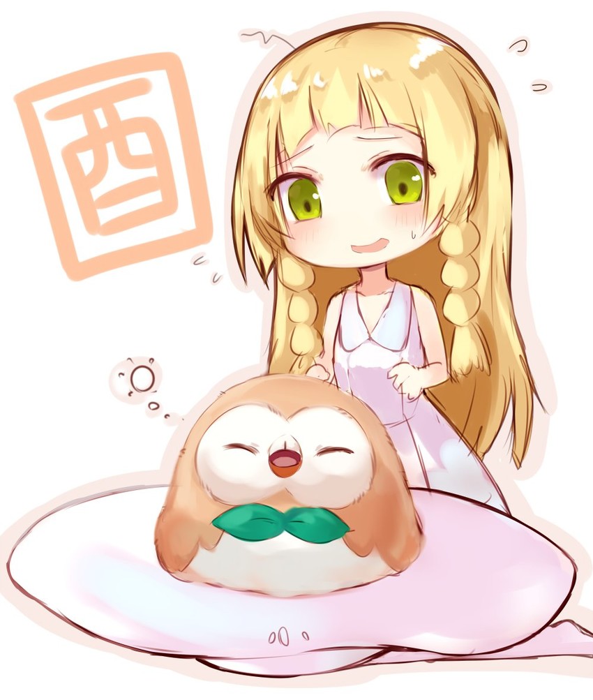 lillie and rowlet (pokemon and 1 more) drawn by sukemyon