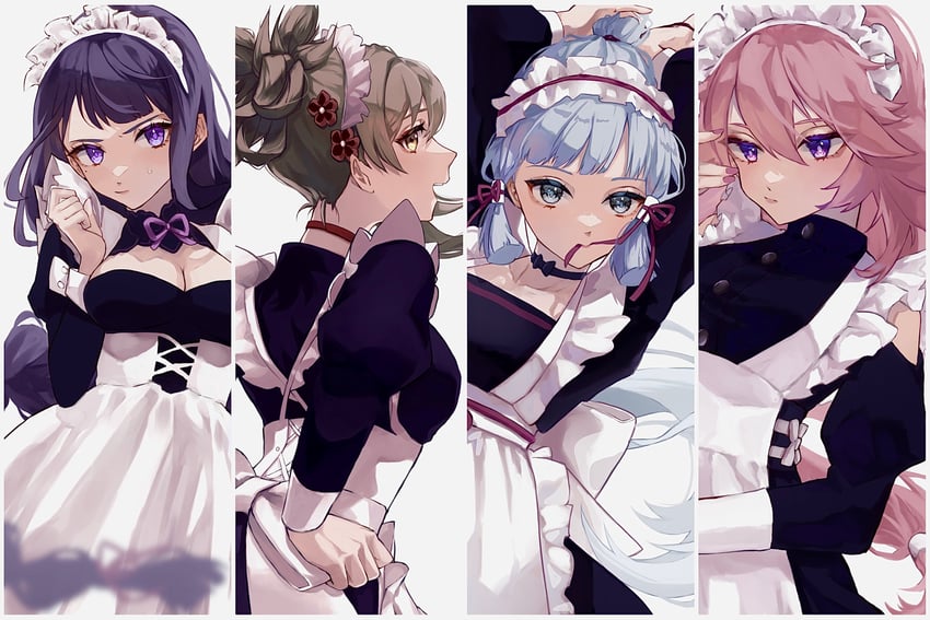 raiden shogun, yae miko, kamisato ayaka, and yoimiya (genshin impact) drawn by fruct0se_fa