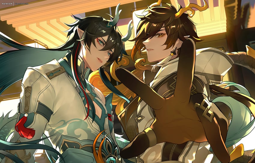 dan heng, zhongli, and rex lapis (genshin impact and 3 more) drawn by cioccolatodorima