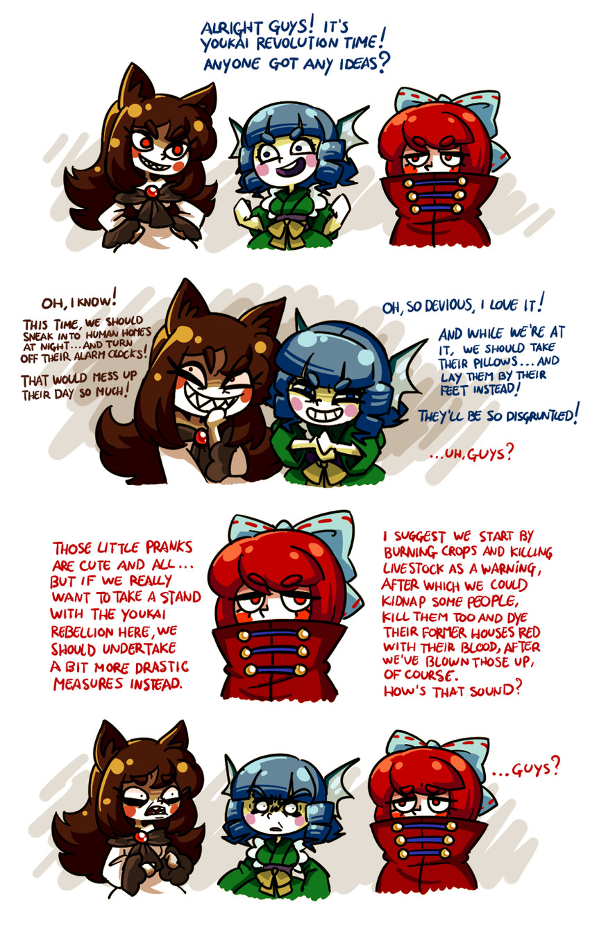 imaizumi kagerou, sekibanki, and wakasagihime (touhou) drawn by peachems_(gemu)