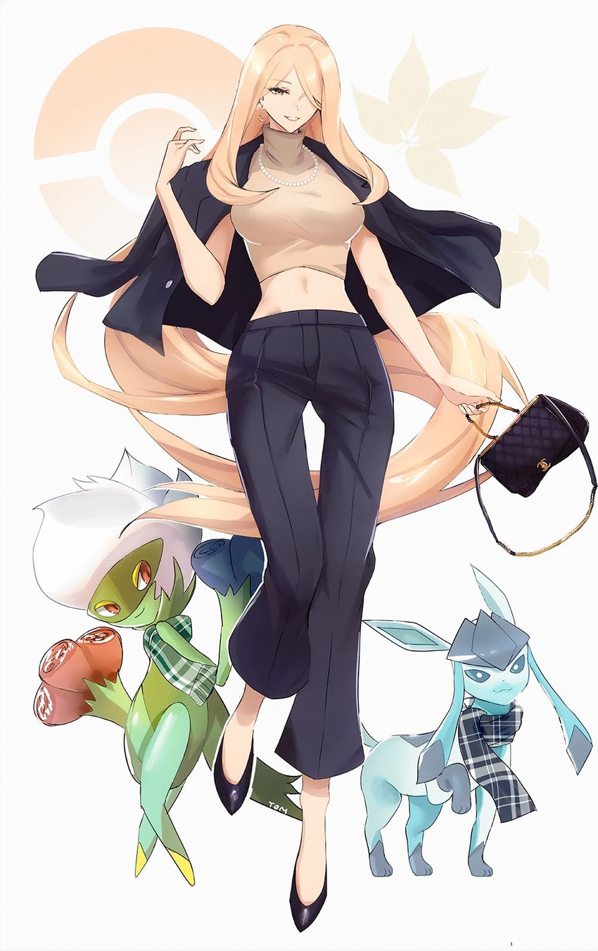 cynthia, glaceon, and roserade (pokemon and 1 more) drawn by tommy_(kingdukeee)