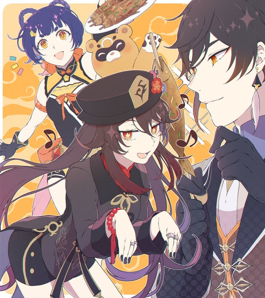 hu tao, zhongli, xiangling, and guoba (genshin impact) drawn by t0petar0