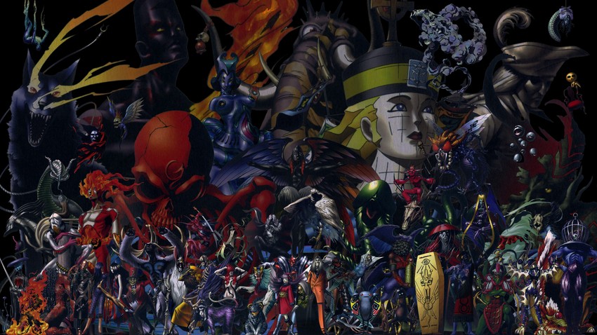 mara, muu shuwuu, mothman, beelzebub, poltergeist, and 55 more (shin megami tensei and 1 more) drawn by kazuma_kaneko