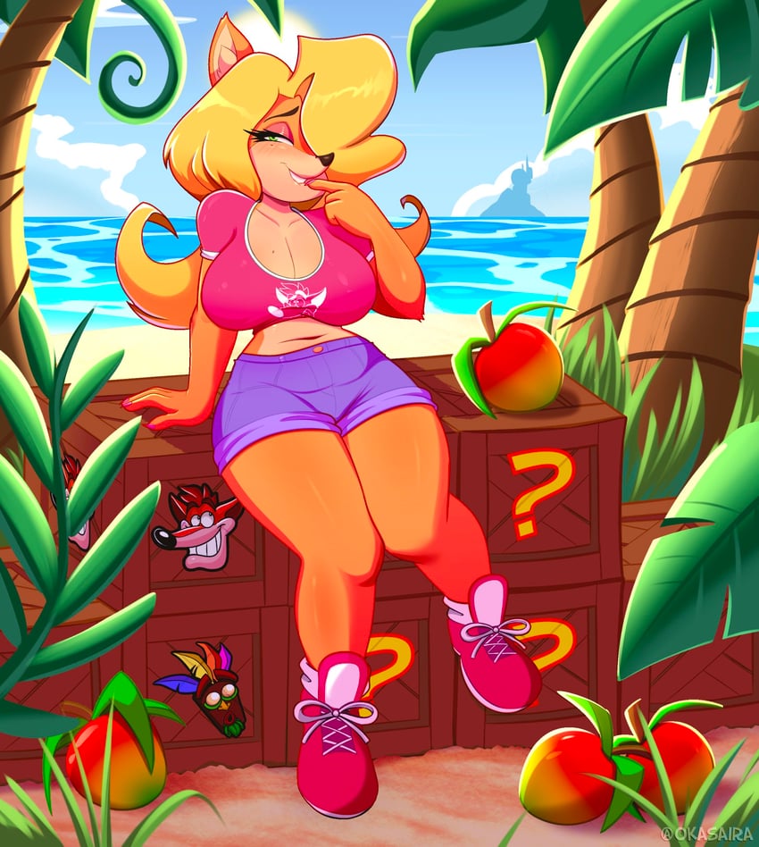 tawna bandicoot and aku aku (crash bandicoot) drawn by okasaira