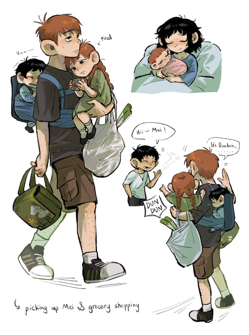 chilchuck tims, mayjack, fullertom, chilchuck's wife, and dandan (dungeon meshi) drawn by jiang1818