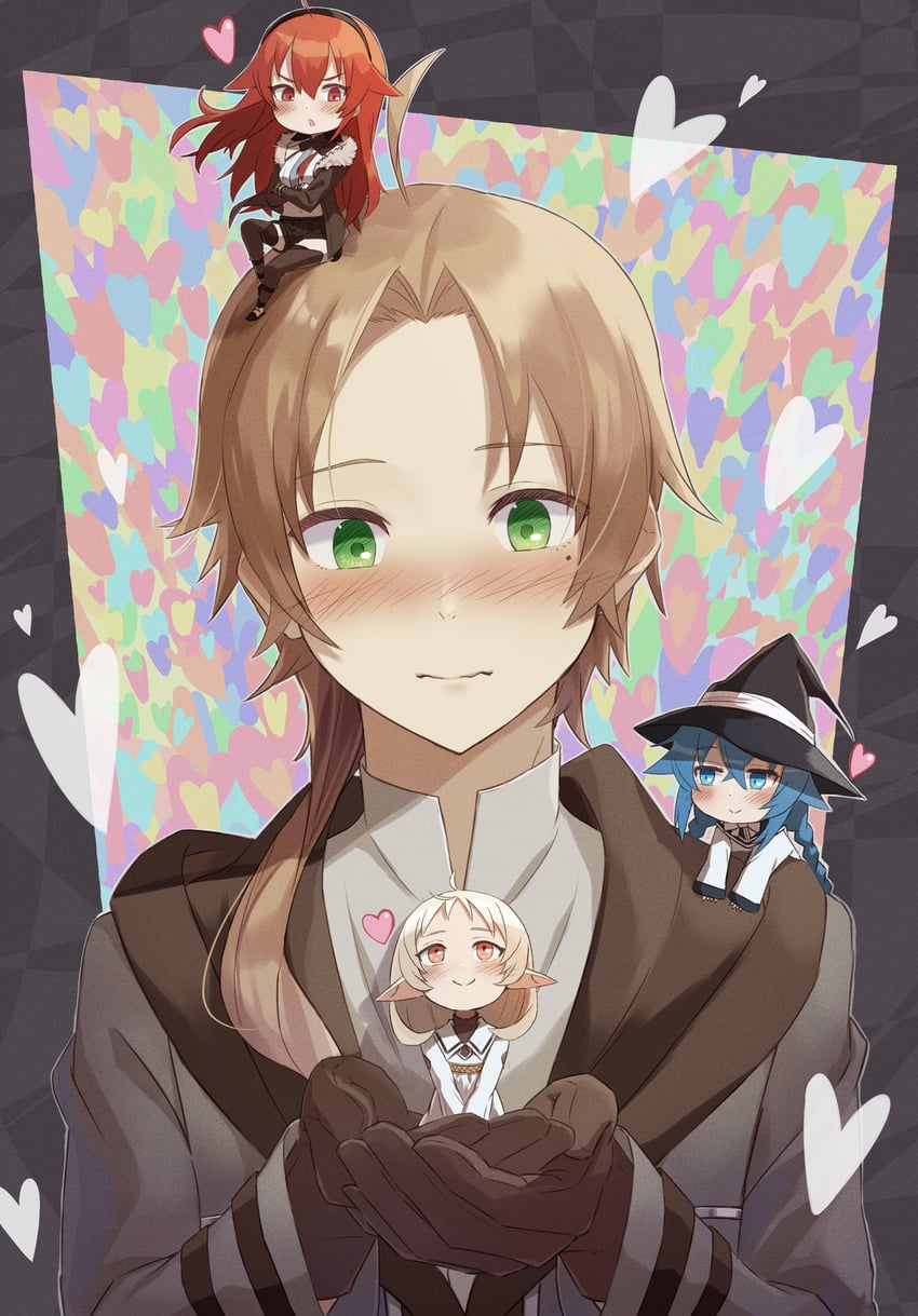 roxy migurdia, eris greyrat, sylphiette, and rudeus greyrat (mushoku tensei) drawn by nakami_chihiro