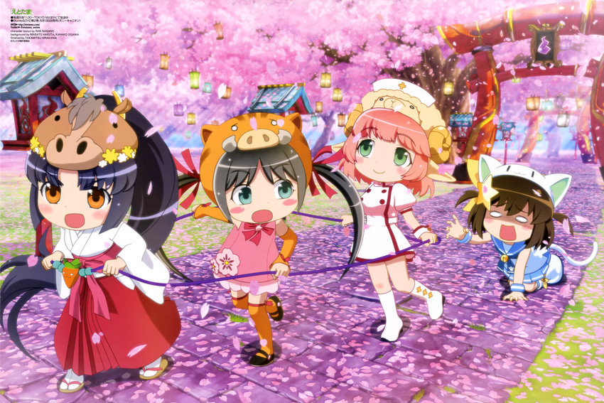 uri-tan, nyaa-tan, uma-tan, and mei-tan (etotama) drawn by hakuta_masato, hirakawa_takamitsu, nagano_ran, and ogawa_kanako