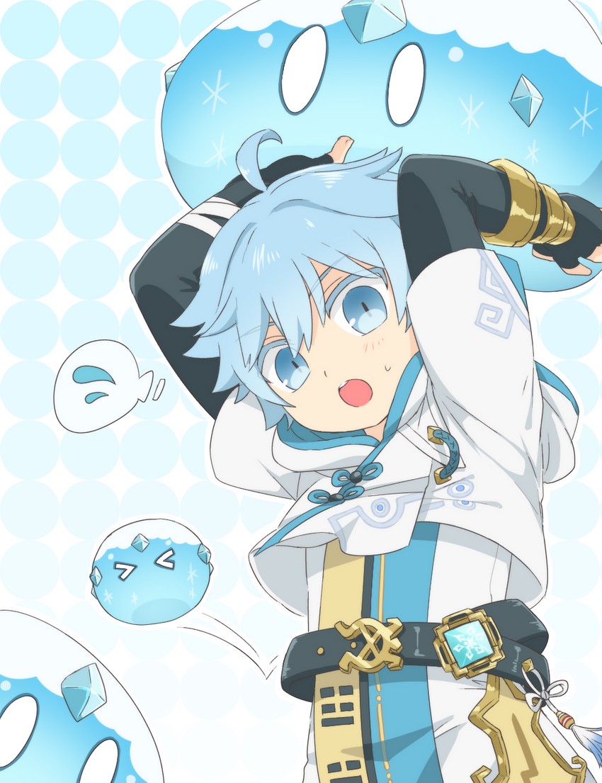 slime, chongyun, and cryo slime (genshin impact) drawn by mixing_(pixiv2003451)