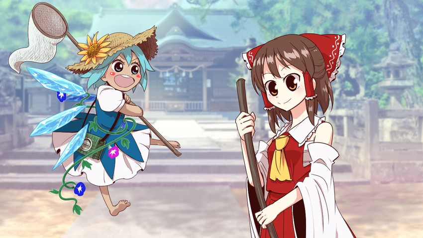 hakurei reimu, cirno, and tanned cirno (touhou) drawn by joyfull_(terrace)