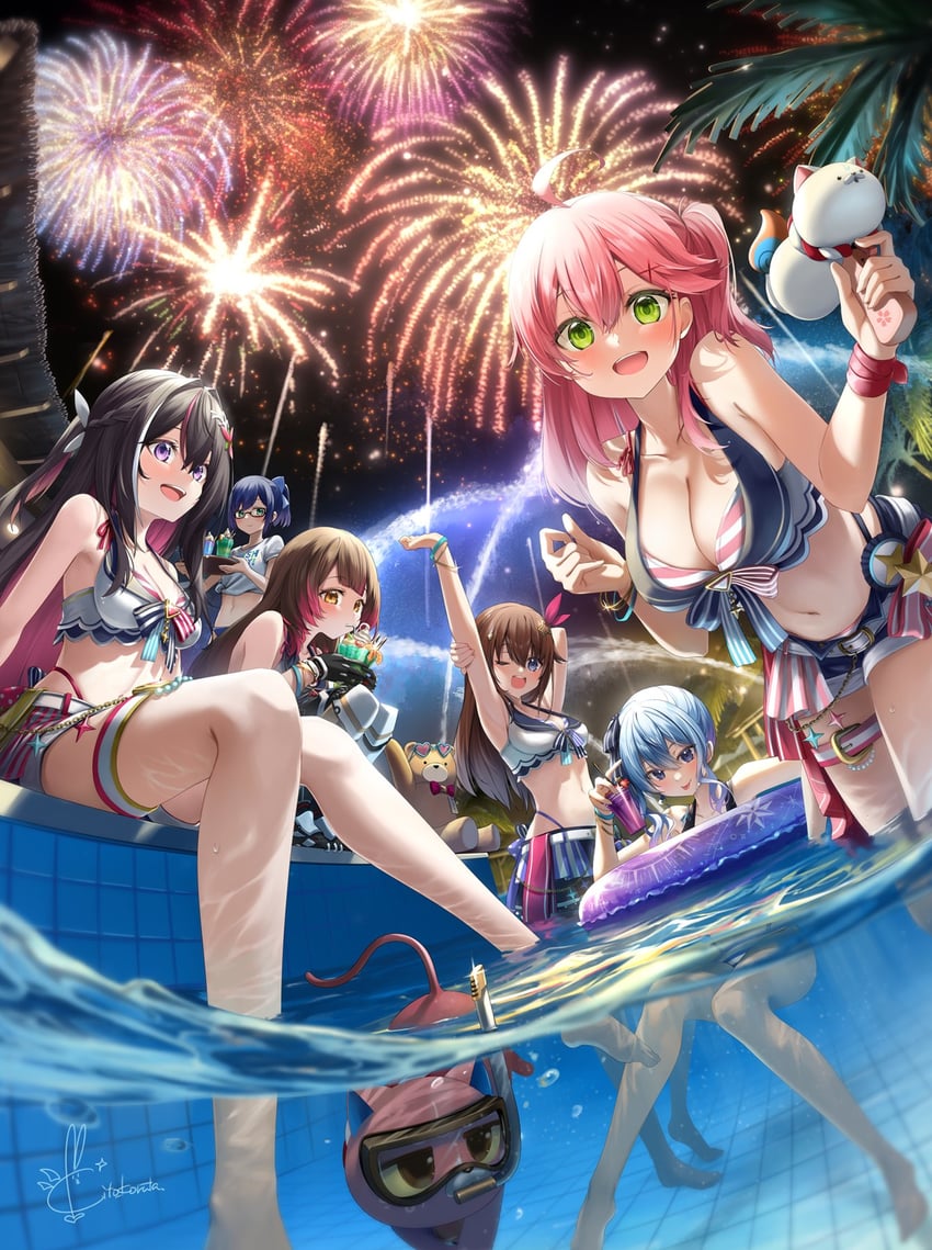 hoshimachi suisei, sakura miko, azki, tokino sora, roboco-san, and 4 more (hololive) drawn by kito_koruta
