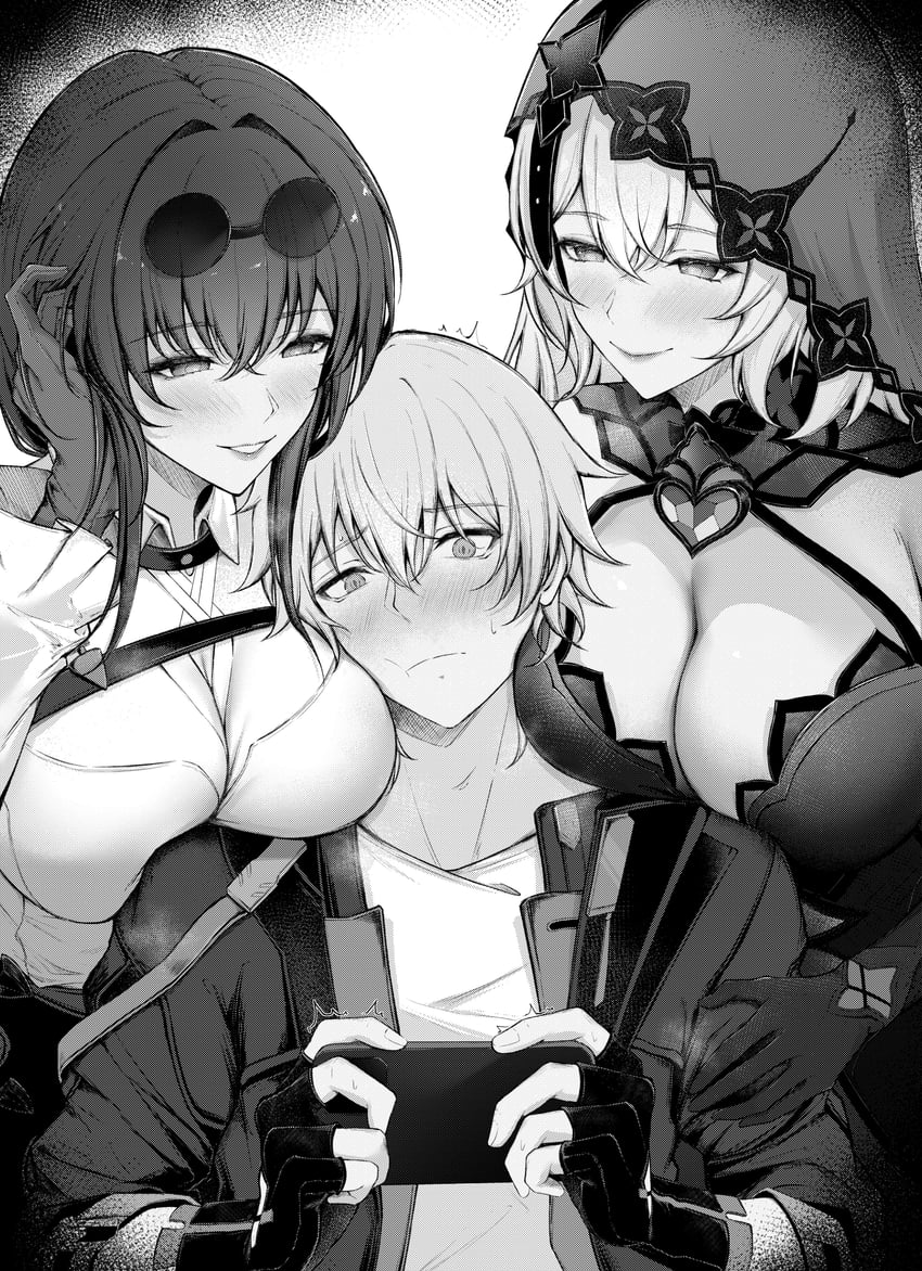 trailblazer, kafka, caelus, and black swan (honkai and 1 more) drawn by aisutei