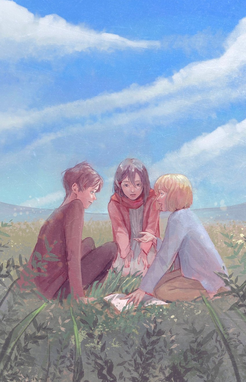 mikasa ackerman, eren yeager, and armin arlert (shingeki no kyojin) drawn by pwkj_cos