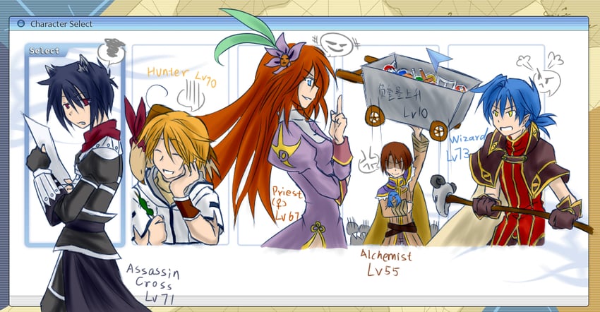 priest, assassin cross, hunter, alchemist, and wizard (ragnarok online) drawn by azlia