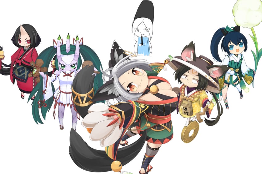 abe no seimei, hotarugusa, zashiki warashi, kyuumei neko, ushi no toki, and 1 more (onmyoji) drawn by lets0020